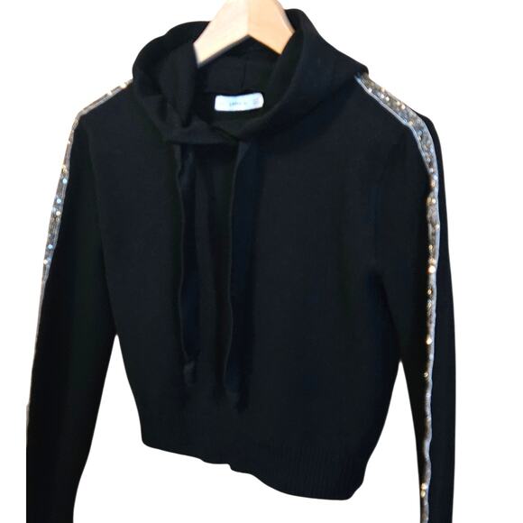 Zara Knit Black Hoodie Sweater Metallic Stripe Sleeves Women’s Size Small - Picture 2 of 6